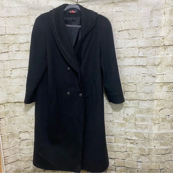 Vintage Alorna Black Embroidered Wool Long Double Breasted Overcoat - Picture 1 of 6